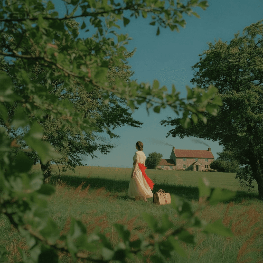 Plano general: la mujer caminando hacia la casa en el campo, el plano que revela la escena completa